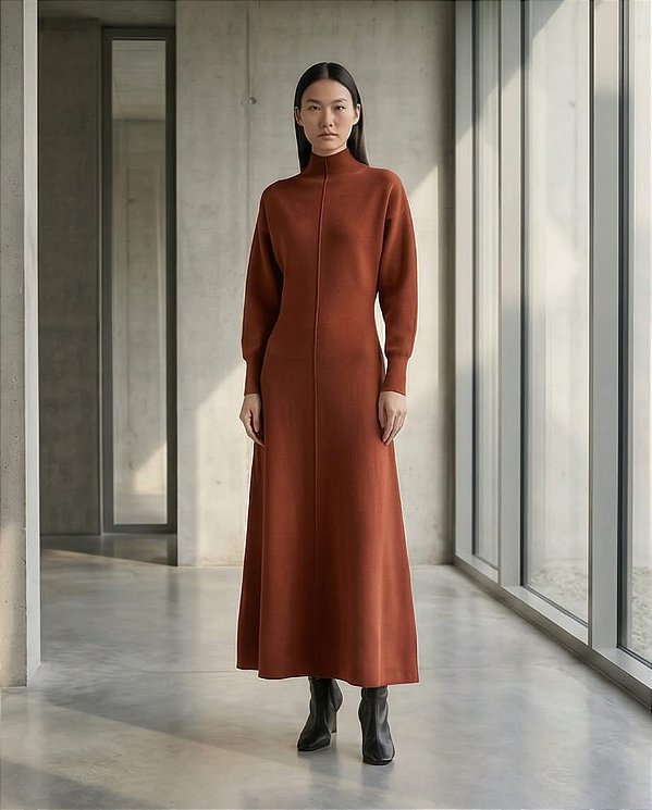 VESTIDO MIDI EVASÊ EM TRICOT MANGA BUFANTE (TELHA)