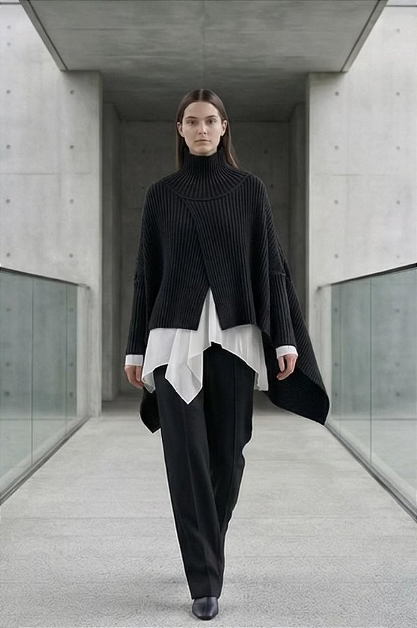 BLUSA CANELADA EM TRICÔ TRANSPASSADA, GOLA ALTA