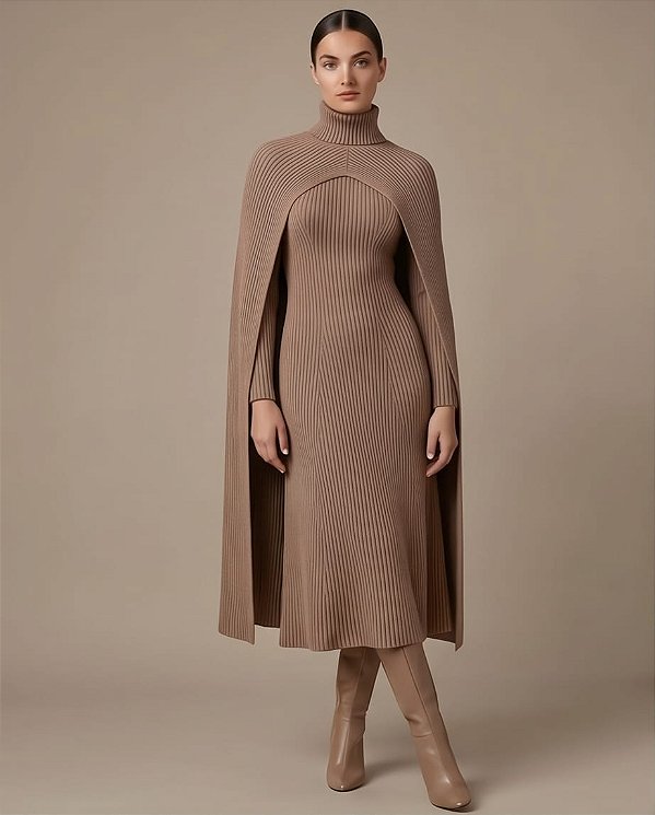 VESTIDO CANELADO EVASÊ COM MAXI CAPA GOLA ALTA EM TRICOT (TERRA)