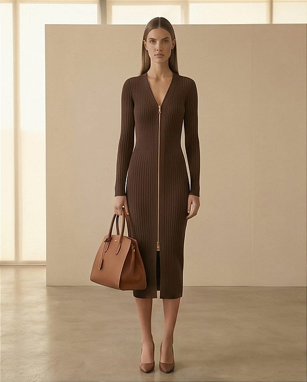 VESTIDO CANELADO MANGA LONGA COM ZIPER (MARRON)