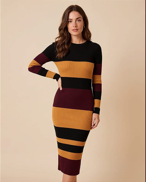 VESTIDO MIDI EVASÊ EM TRICOT MANGA LONGA(BORDÔ/PRETO/BEGE)