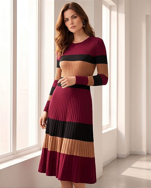 VESTIDO MIDI EVASÊ EM TRICOT MANGA LONGA(BORDÔ/PRETO/BEGE)