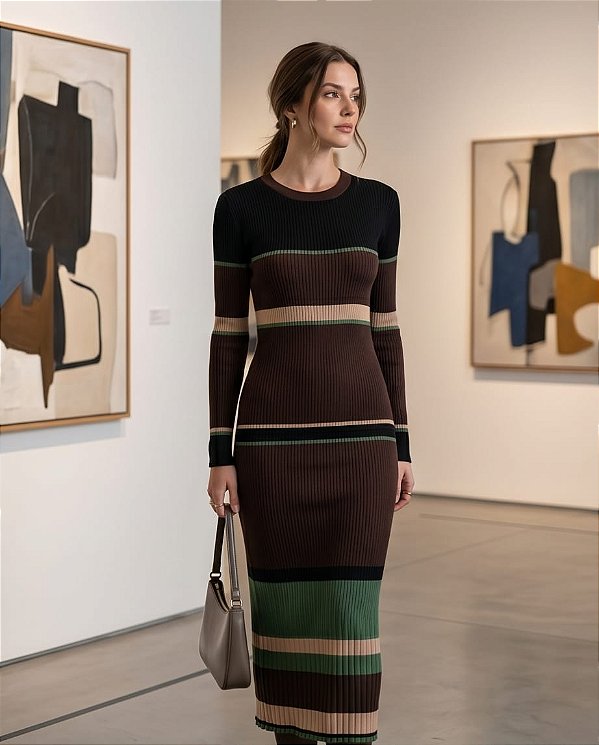 VESTIDO MIDI EVASÊ EM TRICOT MANGA LONGA (PRETO/MARRON/VERDE/BEGE)