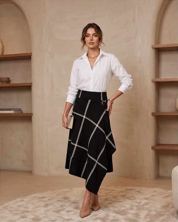 SAIA XADRES ASSIMÉTRICA DE JACQUARD EM TRICOT (PRETO/OFF)