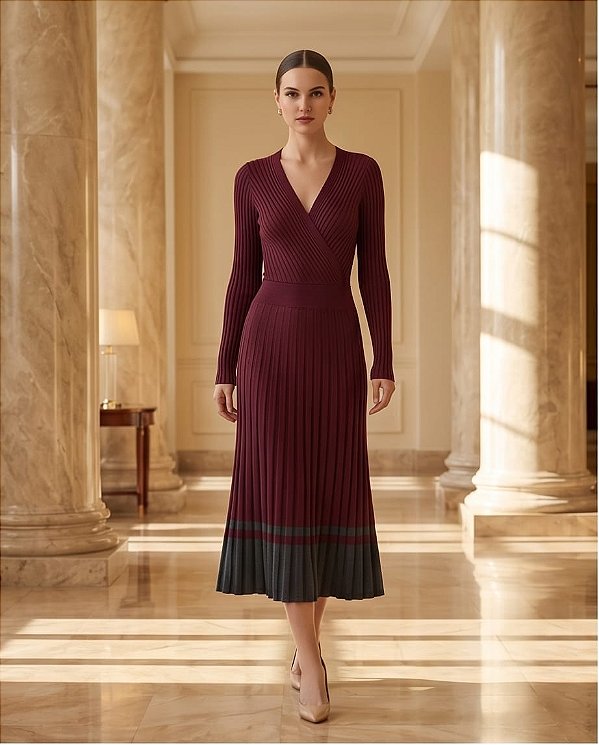 VESTIDO CANELADO DEC. V TRANSPASSADO EM TRICOT (BORDÔ/CHUMBO)