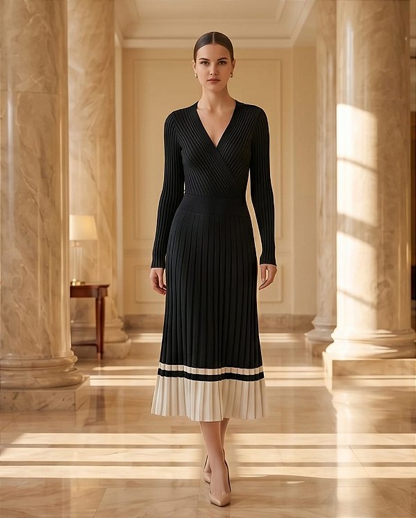 VESTIDO CANELADO DEC. V TRANSPASSADO EM TRICOT (PRETO/OFF)