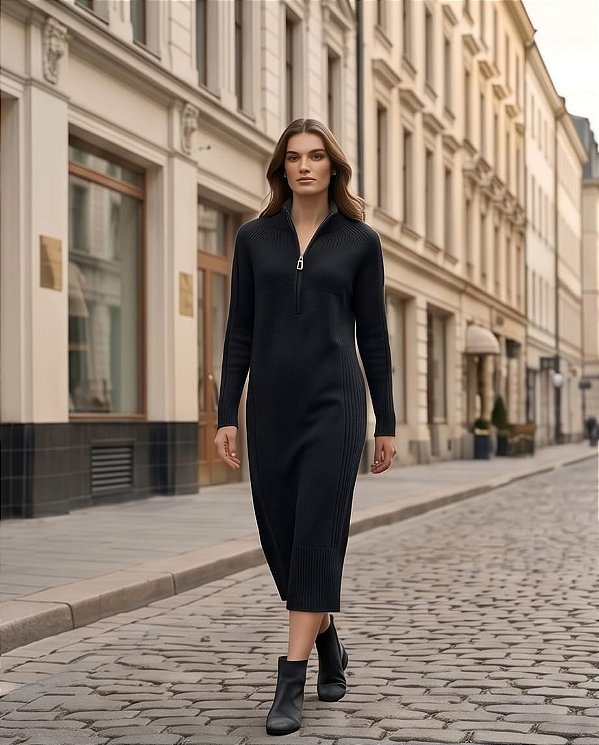 VESTIDO RETO MIDI GOLA ALTA COM ZIPER (PRETO)