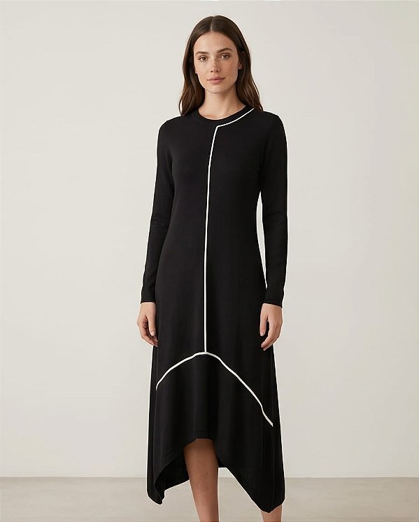 VESTIDO ASSIMETRICO MANGA LONGA (PRETO/OFF)