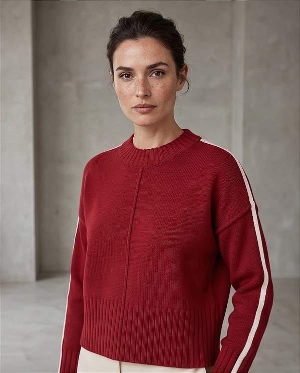 BLUSA MANGA LONGA EM TRICOT GOLA CARECA COM DET. OFF (VERMELHO CEREJA)