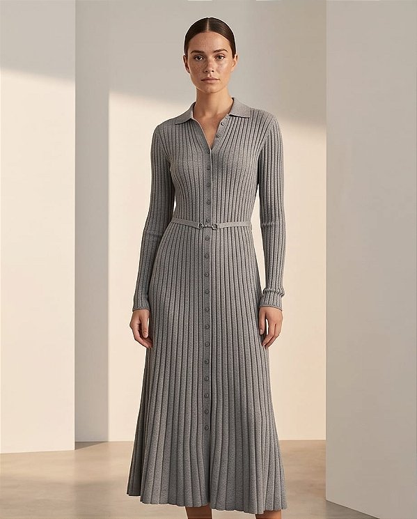 VESTIDO CANELADO GOLA POLO EM TRICOT (CINZA MESCLA)