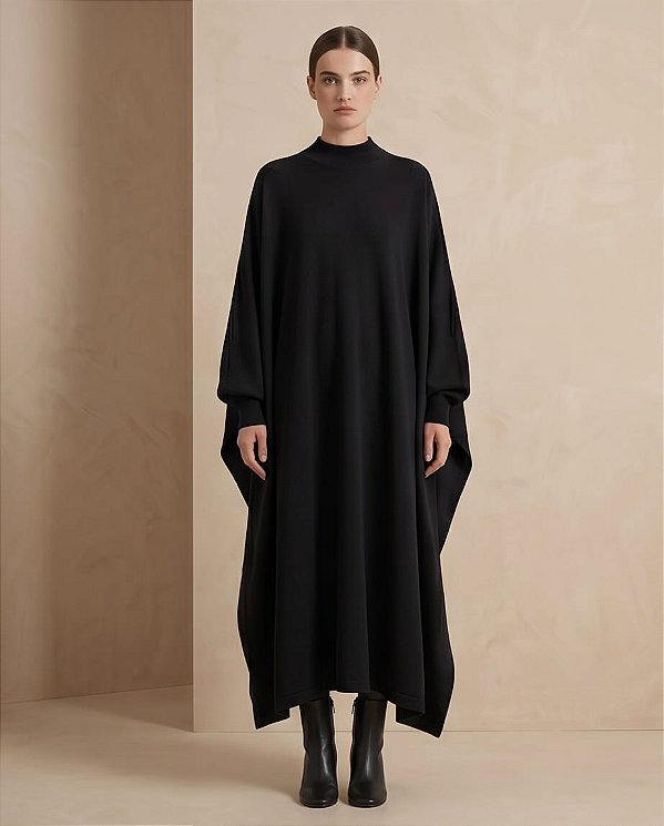 MAXI VESTIDO CONFORT MIDI GOLA ALTA (PRETO)