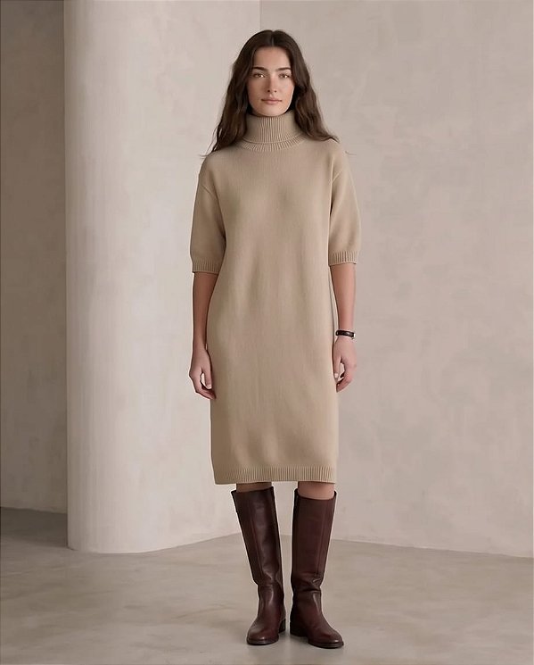 VESTIDO CONFORT MIDI GOLA ALTA (BEGE)