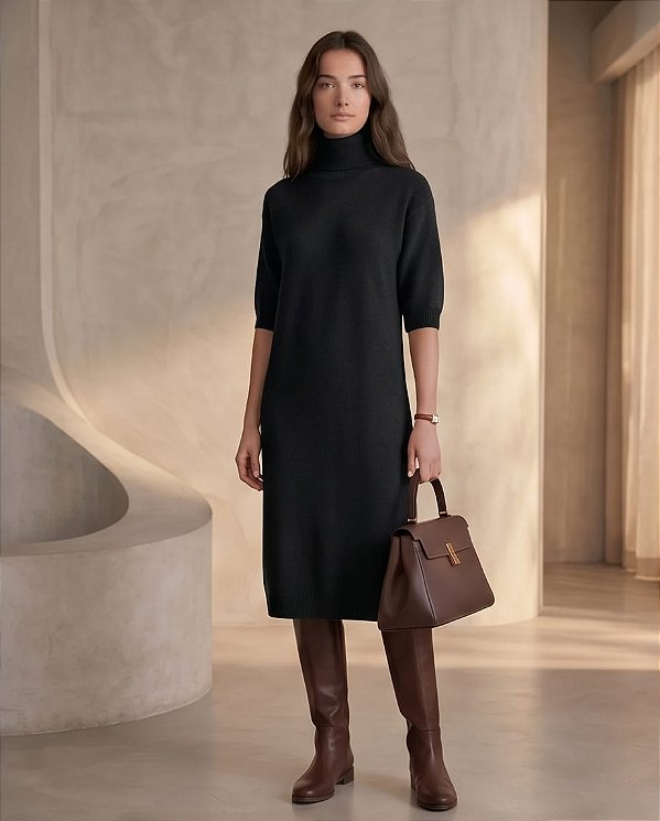 VESTIDO CONFORT MIDI GOLA ALTA (PRETO)