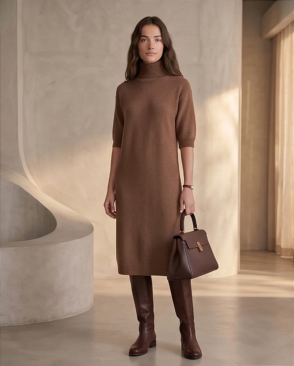 VESTIDO CONFORT MIDI GOLA ALTA (MARRON TERRA)