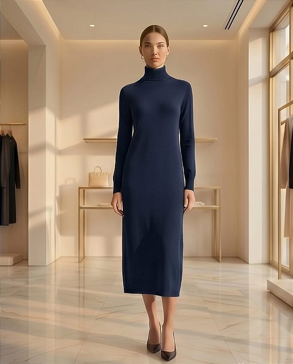 VESTIDO MIDI GOLA ALTA EM TRICOT (AZUL MARINHO)