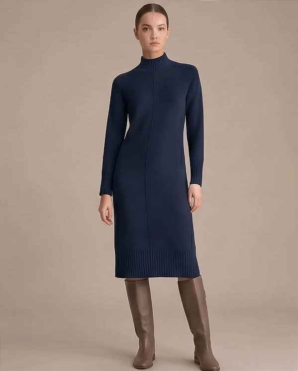 VESTIDO MIDI COM FRIZO E GOLA ALTA (AZUL MARINHO)