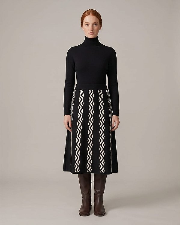 VESTIDO JACQUARD EM TRICOT ONDAS (PRETO/OFF)