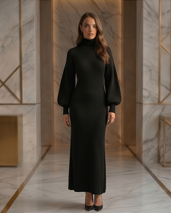 Vestido Longo Canelado Manga Bufante (PRETO)