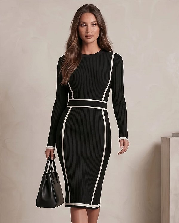 Vestido Midi Canelado det. Intársia (PTO/OFF)