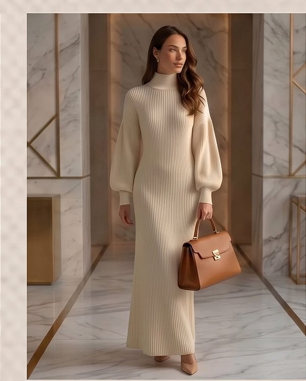 Vestido Longo Canelado Manga Bufante (OFF-WHITE)