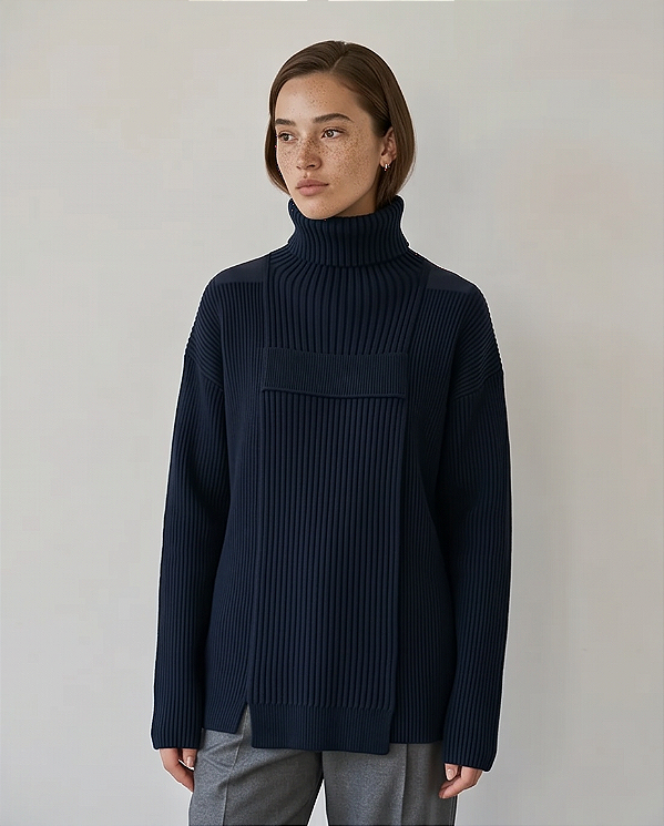 Blusa em tricô com detalhe frontal, gola alta ( marinho)