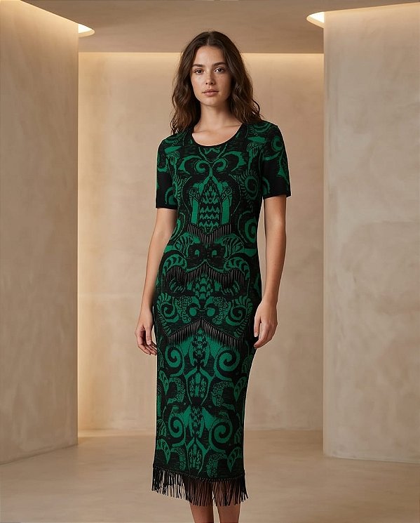 Vestido jacquard em tricot com canutilhos (VERDE)