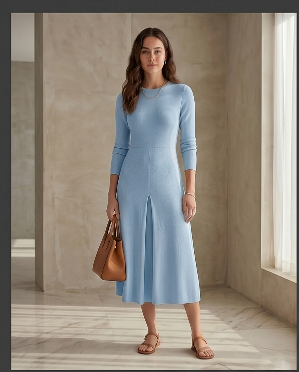 Vestido evasê em gola canoa com det. na frente (AZUL SONHO)