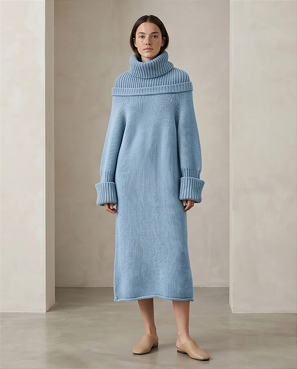 VESTIDO EM TRICOT GOLA DET. OMBRO (AZUL SONHO)