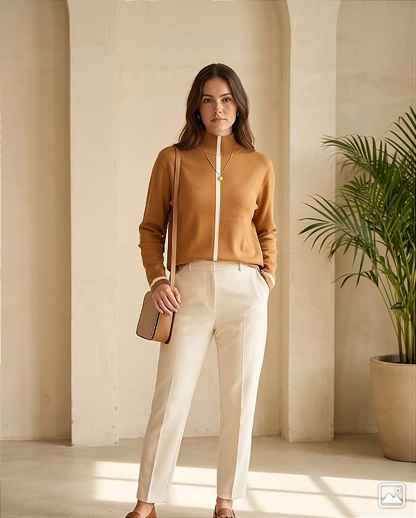 Blusa confort em tricot (mascavo/off-white)