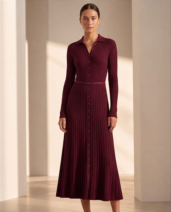 VESTIDO CANELADO GOLA POLO EM TRICOT (bordô)