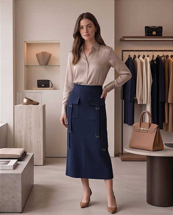 SAIA CARGO EM TRICOT COM DETALHES NO BOLSO (AZUL MARINHO)