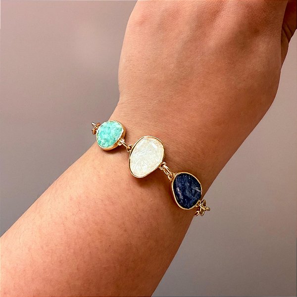 Pulseira Harmonia Suprema — Cianita Azul, Amazonita & Selenita | Semijoia Ouro 18k