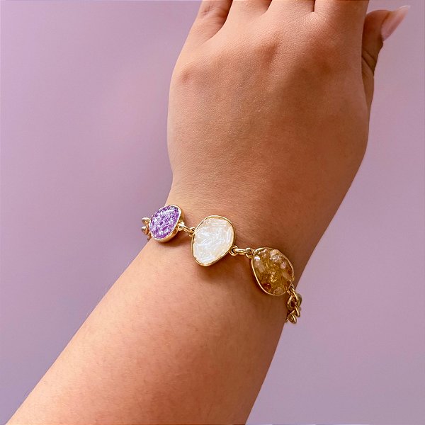 Pulseira Abundância Suprema — Citrino, Ametista & Selenita | Semijoia Ouro 18k