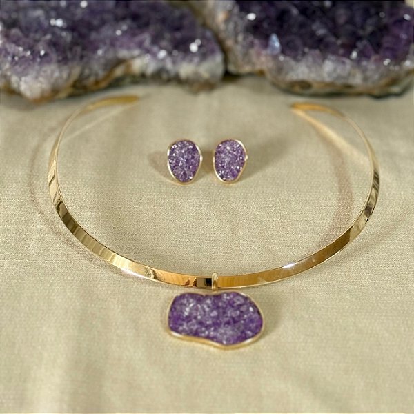 Conjunto Rígido Choker e Brinco Ametista – Intuição e Serenidade | Banho de Ouro 18k