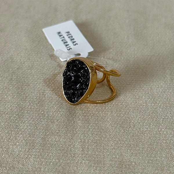 Anel Semijoia Regulável com Turmalina Negra – Proteção e Enraizamento | Banho de Ouro 18k