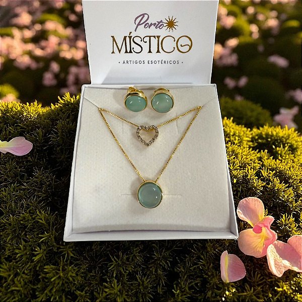 Semijoia Conjunto Ágata Verde com Pingente Coração – Banho de Ouro 18k