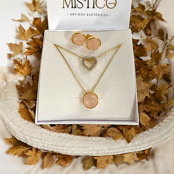 Semijoia Conjunto Quartzo Rosa com Pingente Coração – Banho de Ouro 18k