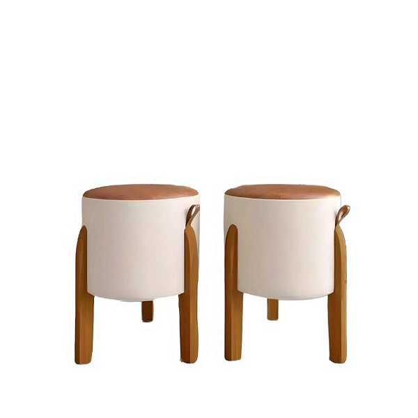 Kit 2 Puff Redondo Luma Bege Couro Decorativo Sala De Estar