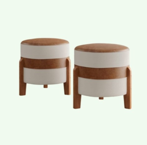 Puff Kit 2 Unidades Orion Couro Bege Decorativo Pés Madeira