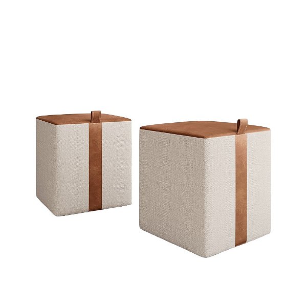 Puffs Quadrados – Revestimento em Linho e Couro Sintético | Cor Bege Caramelo | Design Moderno e Confortável kit com 2 unidade