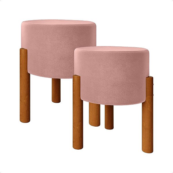 Kit 2 Puffs Redondos Linho Rosa Madeira Eucalipto Assento Decorativo Sala