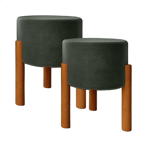 Kit 2 Puffs Redondos Linho Verde Decorativo Sala Pé Madeira Eucalipto