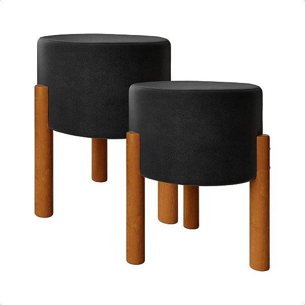 Kit 2 Puffs Redondos Linho Preto Madeira Eucalipto Assento Decorativo Sala