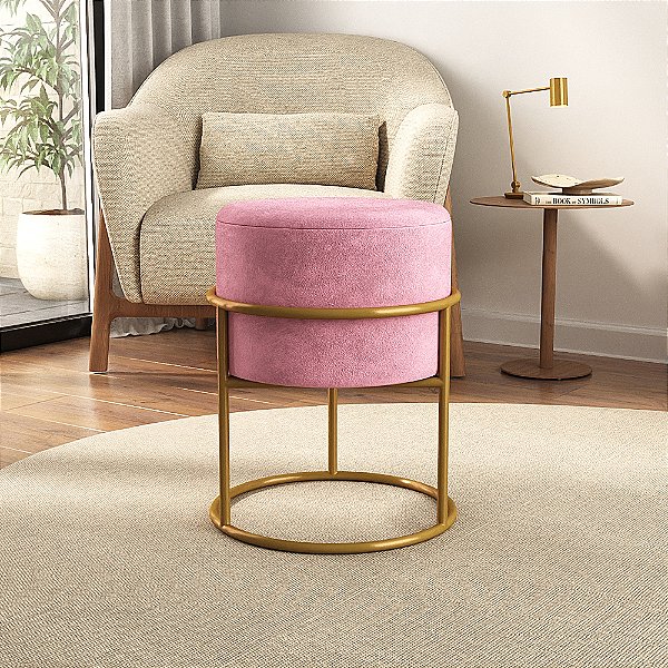 Puff Iron Base Ferro Argola Dourada Metalizada Veludo Rosa