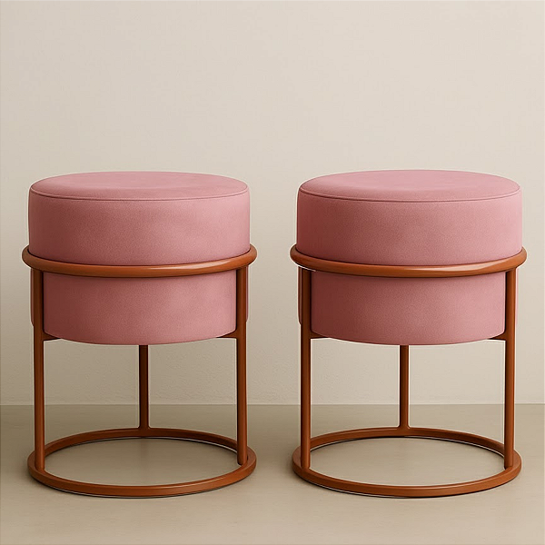 Kit 2 Puff Redondo Iron Veludo Com Base Argola Cobre Cor Rosa