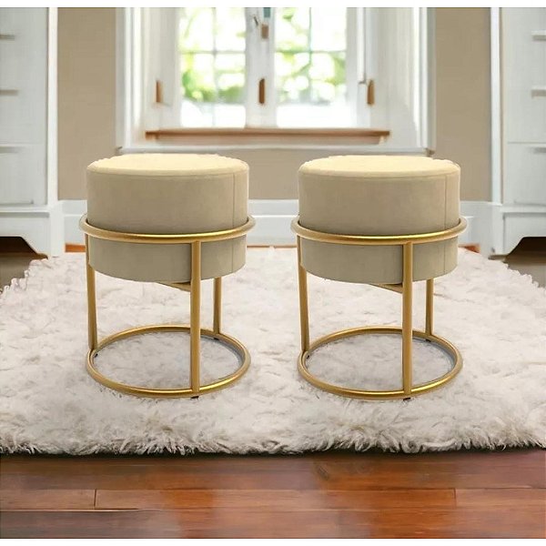 Puff Banqueta Base Ferro Argola Dourada Metalizada linho Bege Kit 2 unidades