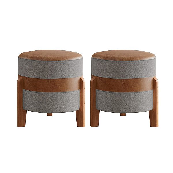 Kit 2 Puff Banqueta Órion Redondo Couro Caramelo e Linho Cinza - Design Industrial