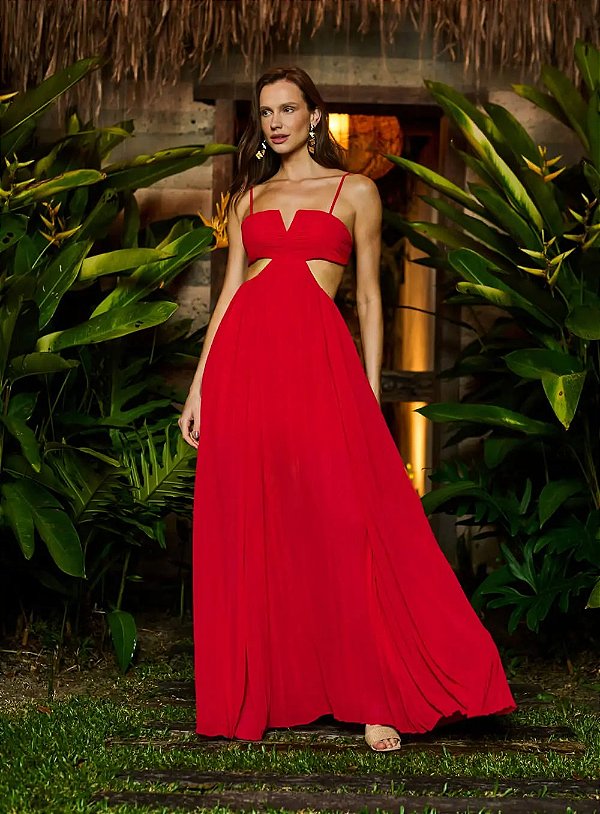 Vestido Vermelho Longo Em Chiffon