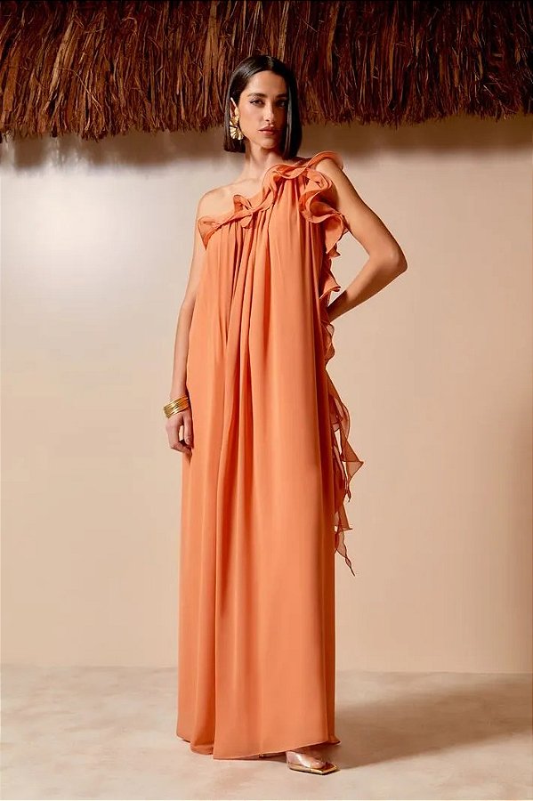 Vestido Longo Babado Ombro