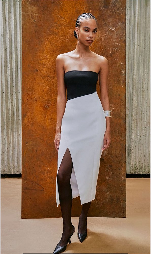 VESTIDO MIDI P&B DETALHE TRICOT